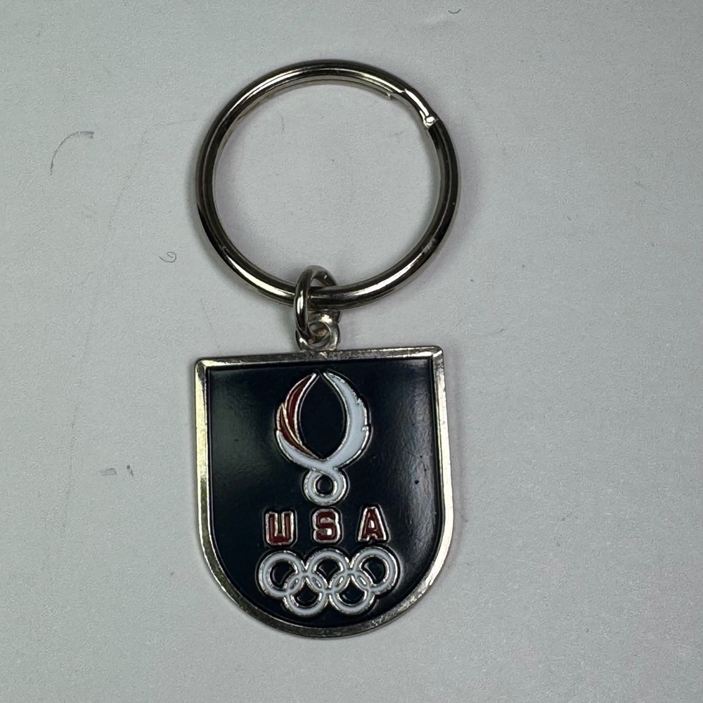 USA Olympic Games Keychain Black Shield Emblem Ring Holder Enamel by Aminco 1"